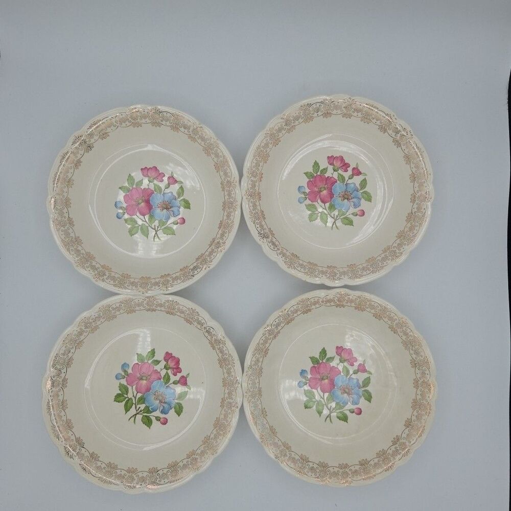 French Saxon China 22k Blossomtime 7.5 Inch Diameter Gold Bowls Set Of 4 Set 2
